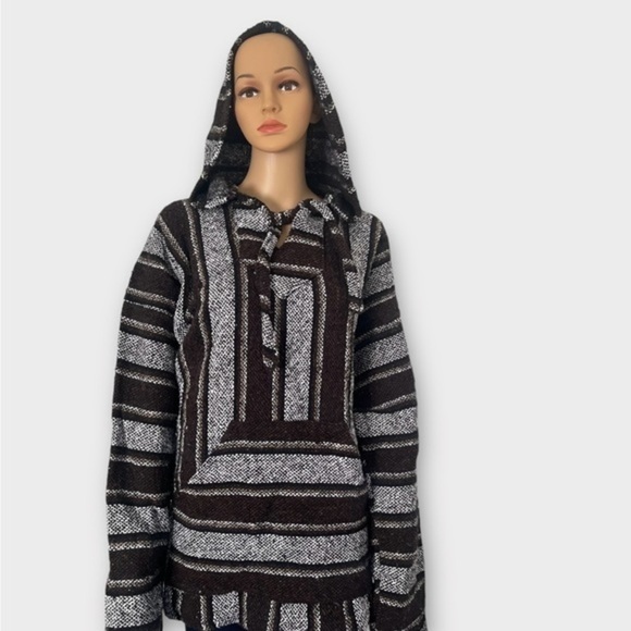 Oland Sweaters - Authentic Mexican Baja woven pullover hoodie boxy wide stripes black gray WomenM